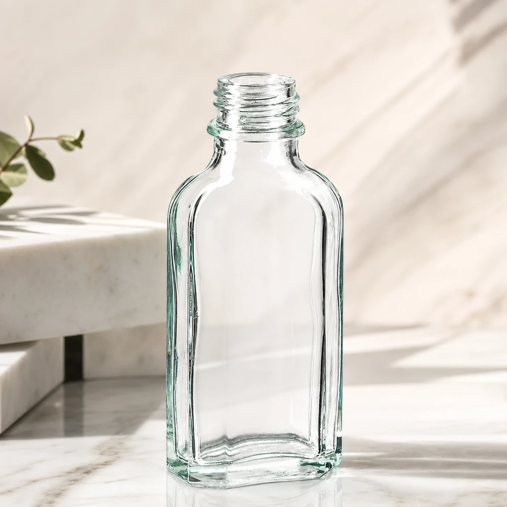 Flacon transparent à fond plat de 50 ml avec filetage DIN22, destiné aux huiles essentielles et aux produits cosmétiques