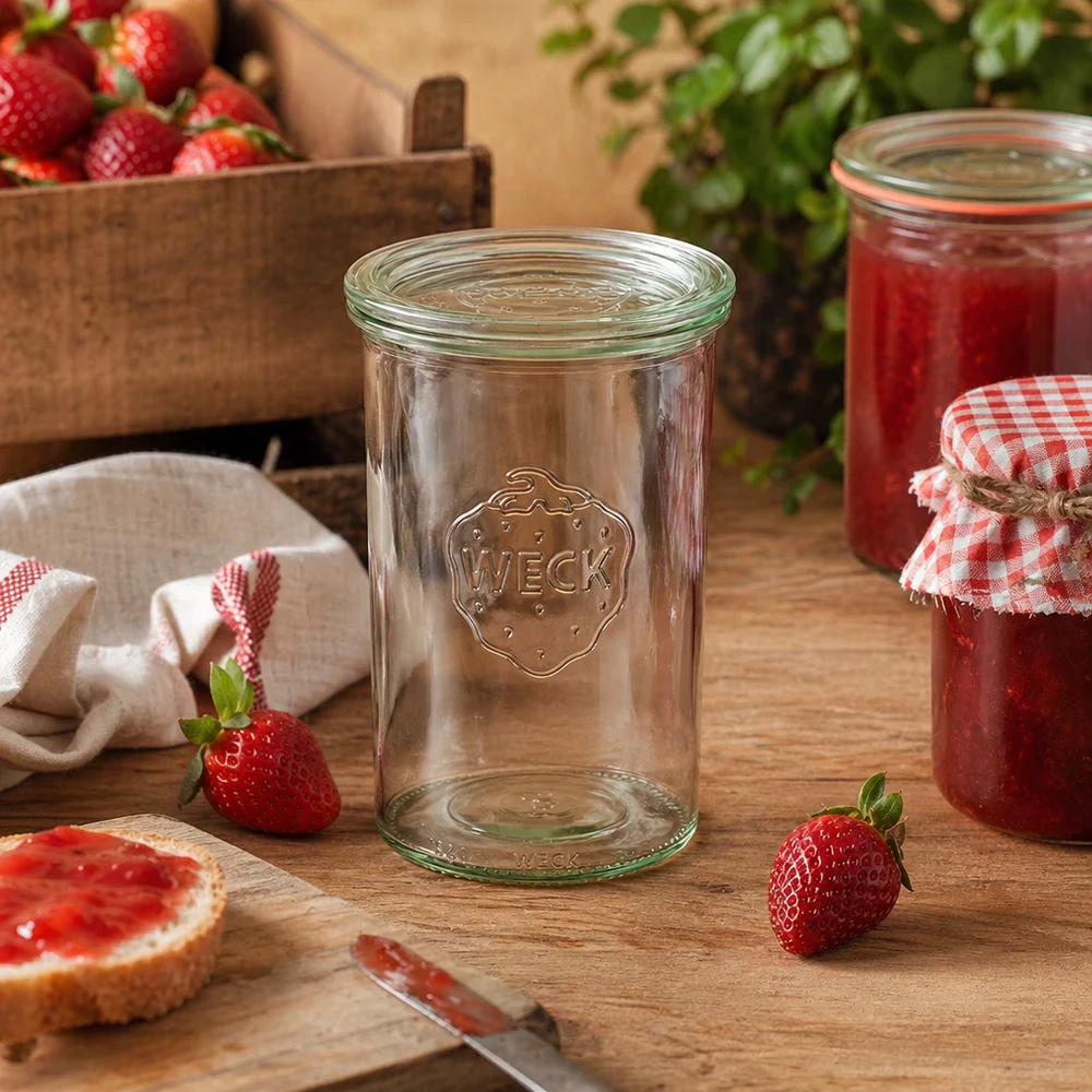 1000ml bocal conique avec bouchon en verre WECK RR100 WECK Pot renversé RR100 1000ml dans une cuisine rustique avec des fraises et de la confiture faite maison arrangée de manière décorative