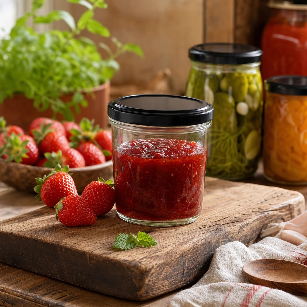 Pot de 230 ml contenant de la confiture de fraise sur une planche en bois montre l'utilisation pratique du couvercle BasicSeal dans la cuisine.