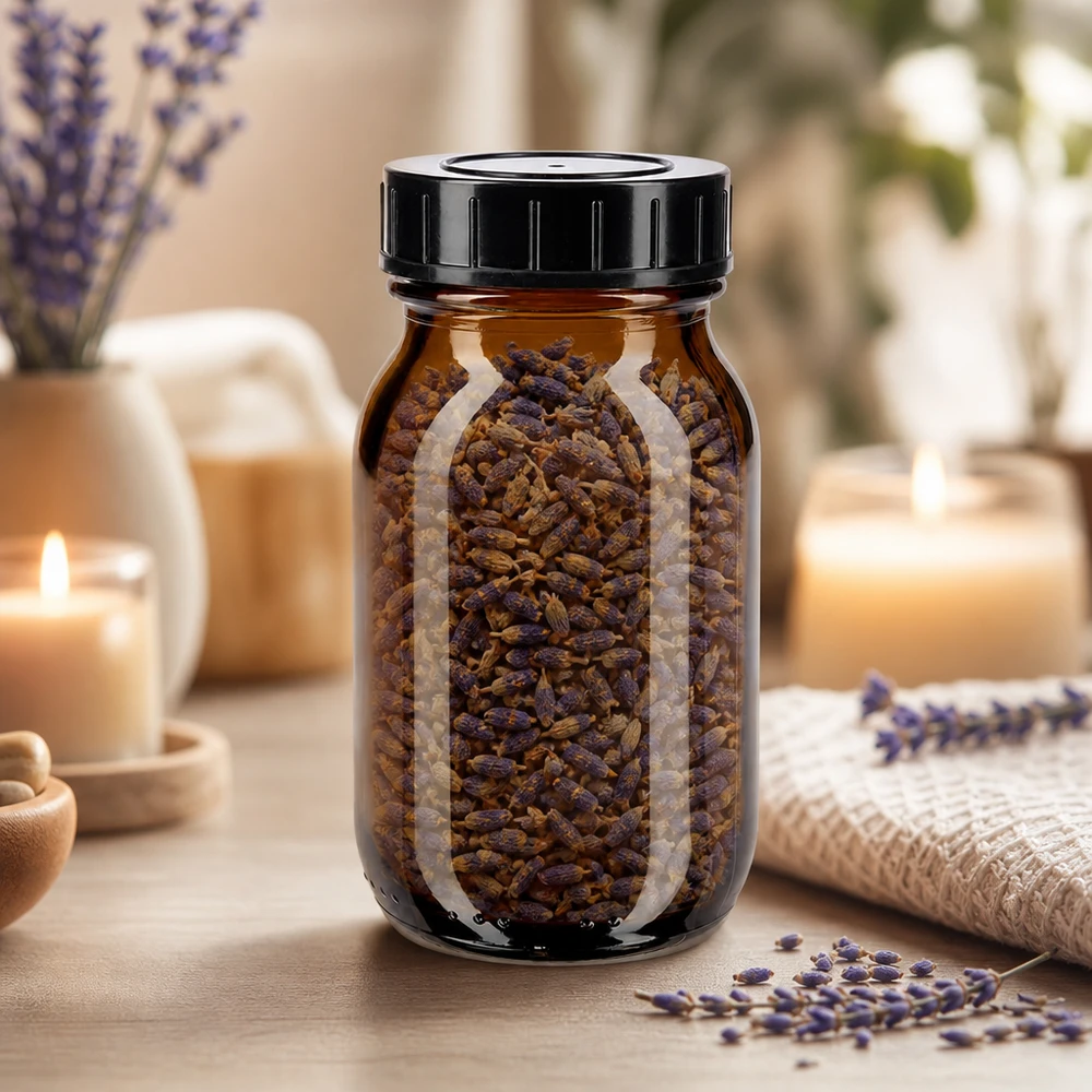 Bocal à col large en verre ambré 100 ml + couvercle à vis Bouteille à col large 100ml en verre ambré avec bouchon noir pour un stockage étanche aux arômes