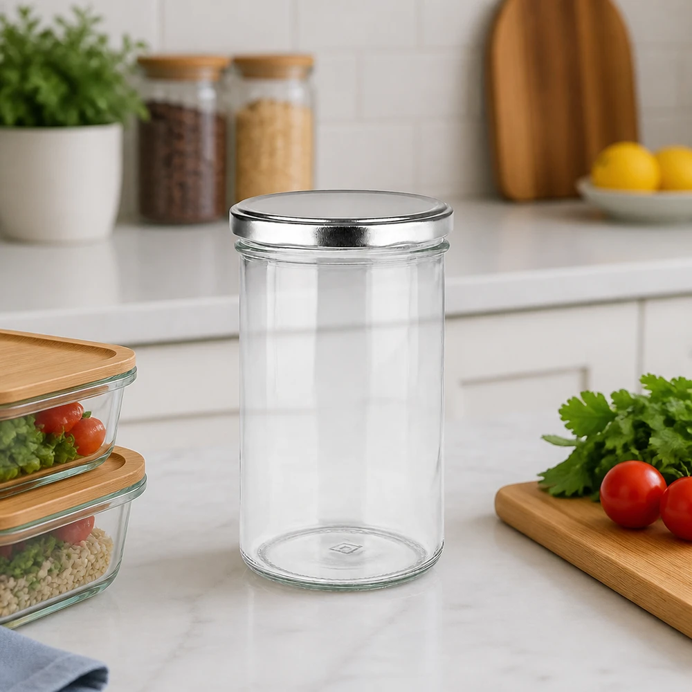 230ml Verre conique avec couvercle BasicSeal argent UNiTWIST Verre renversé de 277 ml avec couvercle BasicSeal argenté sur le plan de travail de la cuisine à côté des boîtes de conservation et des herbes aromatiques