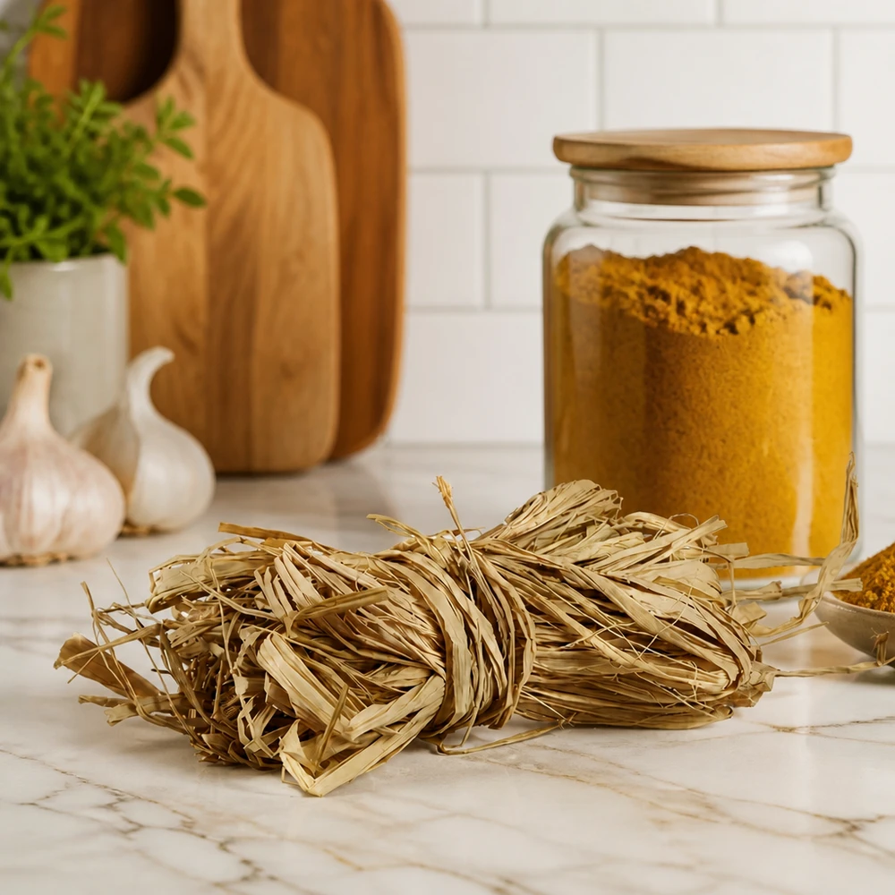 Raphia naturel 30g beige doré sur plan de travail en marbre avec ustensiles de cuisine montre fibres décoratives naturelles pour la maison