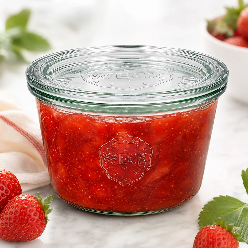 WECK Pot renversé 370ml RR100 rempli de confiture de fraises rouges entourée de fraises fraîches sur une surface blanche
