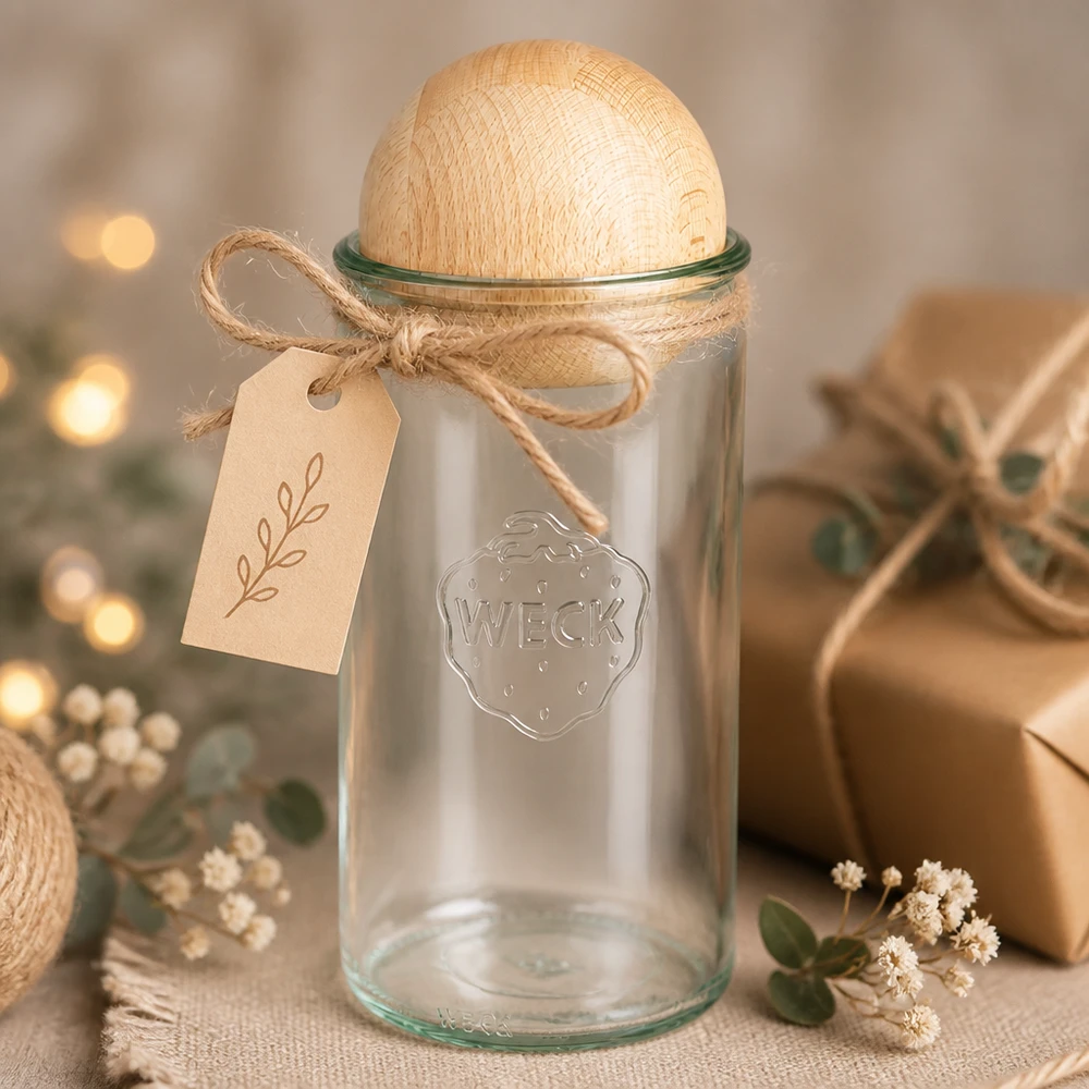 WECK Pot de conserve 1590ml RR100 avec boule en bois de hêtre comme idée de cadeau avec pendentif dans une ambiance déco chaleureuse