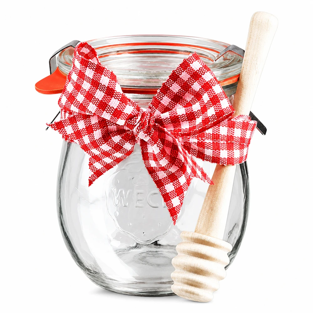 WECK Mini pot tulipe 220ml avec couvercle, ruban rouge et cuillère à miel en bois, set de bocaux complet