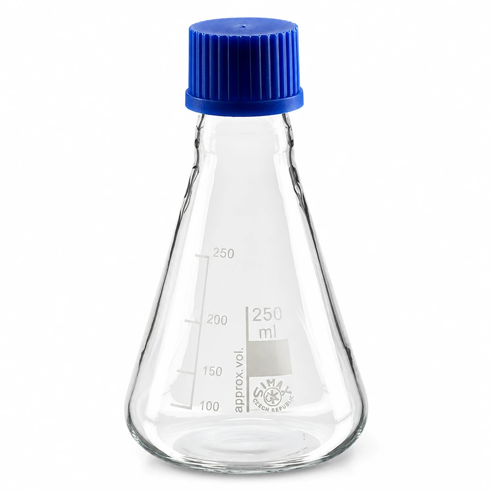 Erlenmeyer de 250ml avec graduation et bouchon à vis bleu sûr