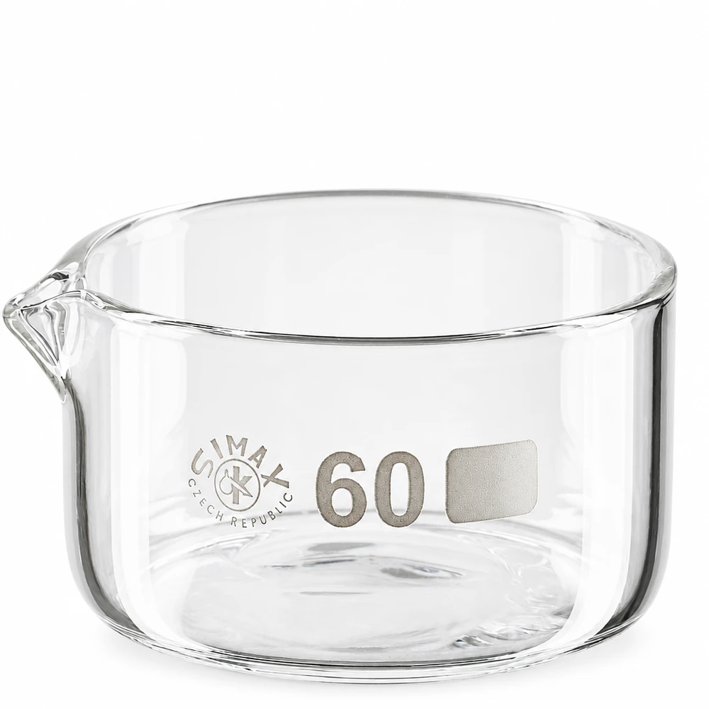 Bol de cristallisation 60 ml en verre borosilicaté, avec bec verseur, transparent, cylindrique, Simax, République tchèque