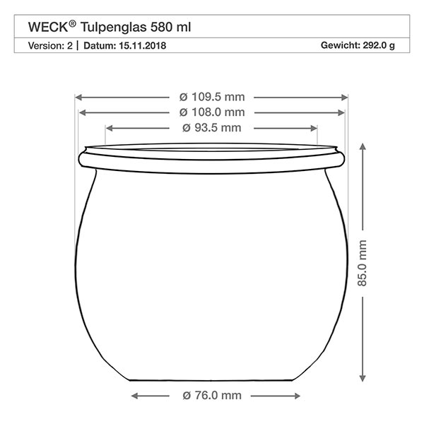 Bocal tulipe WECK RR100 de 580 ml Dessin technique WECK Pot tulipe 580ml RR100 avec cotes et dimensions pour couvercle boule en bois