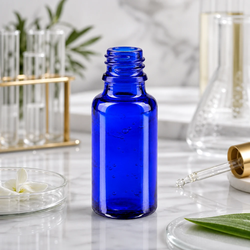 Flacon avec compte-gouttes 20 ml DIN18 - verre bleu Flacon compact en verre bleu cobalt de 20 ml en ApoGlas pour une utilisation mobile en déplacement