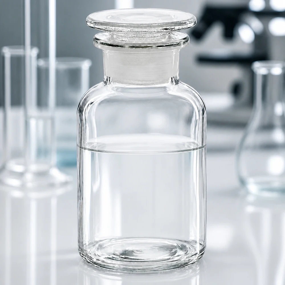 Flacon à col large en verre borosilicaté de 250 ml avec bouchon en verre taillé, posé sur une paillasse de laboratoire