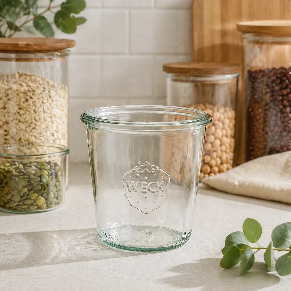 Bocal en verre de 290 ml, haut, WECK RR80 290ml WECK Verre renversé RR80 haut en verre pour la cuisine Conservation des conserves sur un plan de travail blanc avec des bocaux de réserve