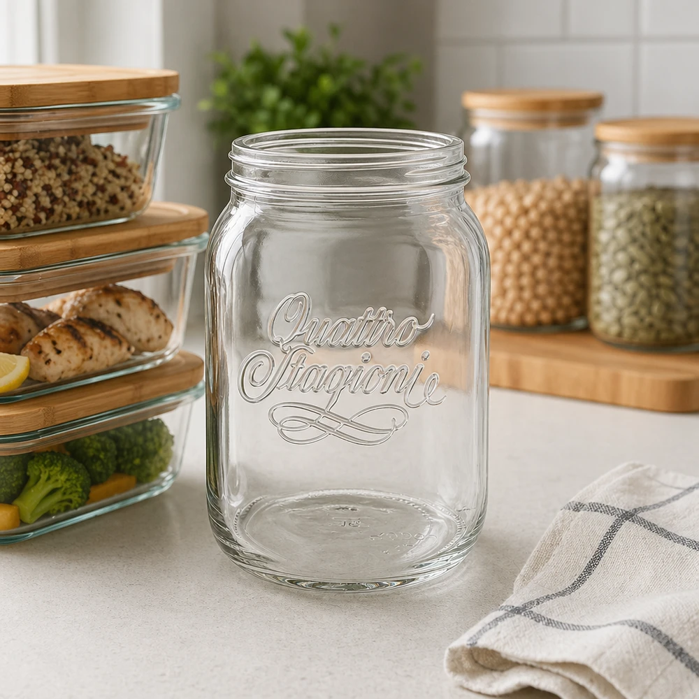 2000ml Verre rond 'Quattro Stagioni' QS110mm 2000ml Quattro Stagioni Haushaltsglas mit Schriftzug in moderner Küche zwischen Vorratsgläsern und Küchenorganisation