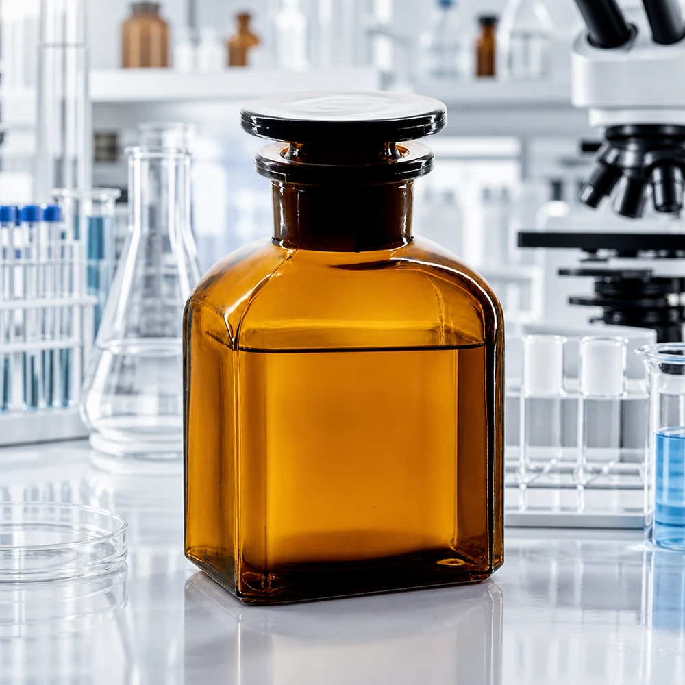Flacon carré col large 150 ml + bouchon RIN, verre ambré Flacon carré en verre ambré de 150 ml à col large, muni d'un bouchon en verre, posé sur une paillasse de laboratoire blanche à côté d'un microscope