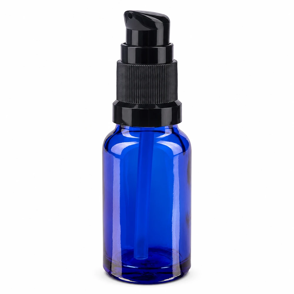 Flacon en verre bleu de 10 ml avec pompe noire, en verre de pharmacie de haute qualité