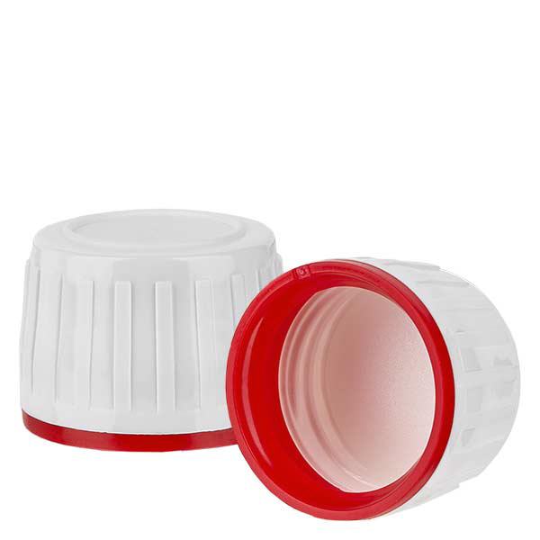 Bouchon à vis blanc pr flacons méd PET + bague d'inviolabilité rouge Bouchon à vis blanc pr flacons méd PET + bague d'inviolabilité rouge