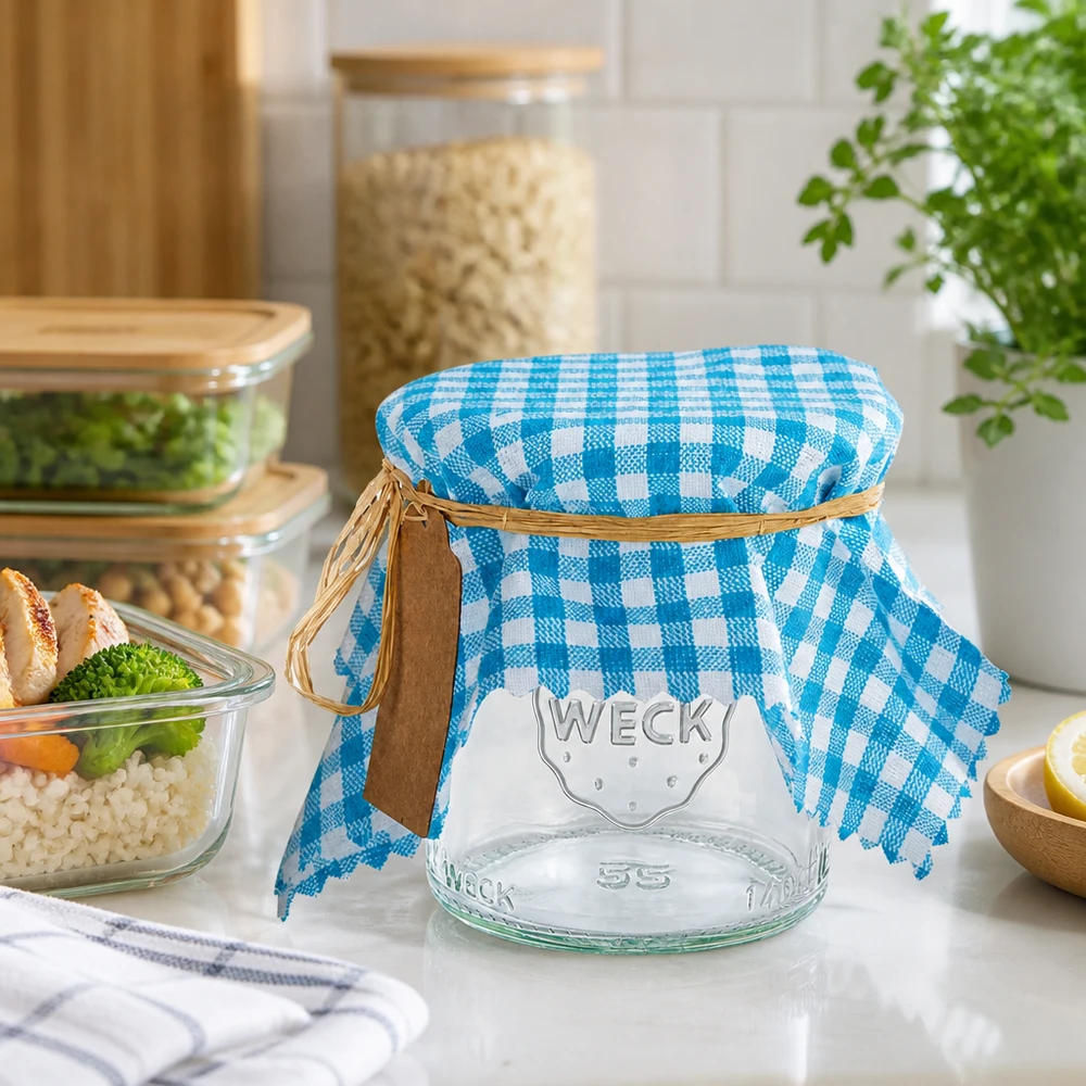 Couvre-bijoux en tissu à carreaux turquoise et blanc sur un bocal de conservation dans une cuisine moderne entre des récipients à provisions