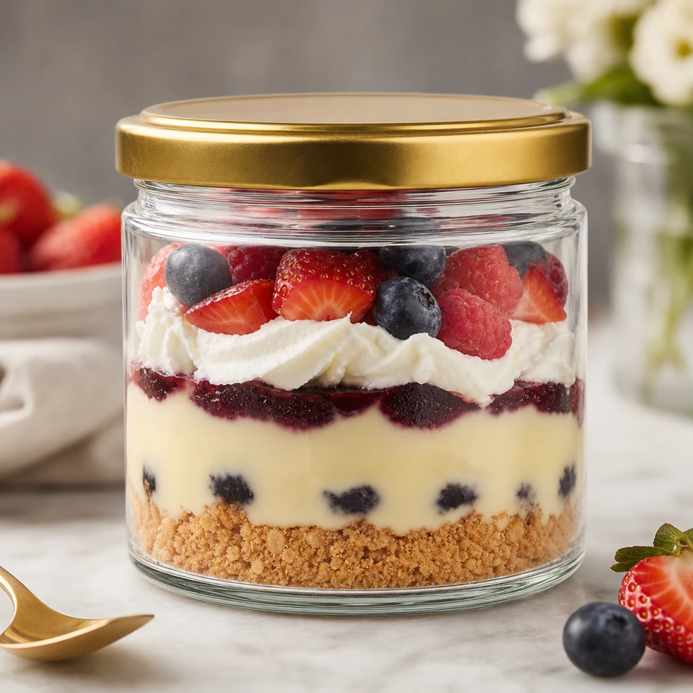 Verre rond de 540 ml avec couvercle BasicSeal doré comme verre à dessert rempli de petits fruits et de crème.