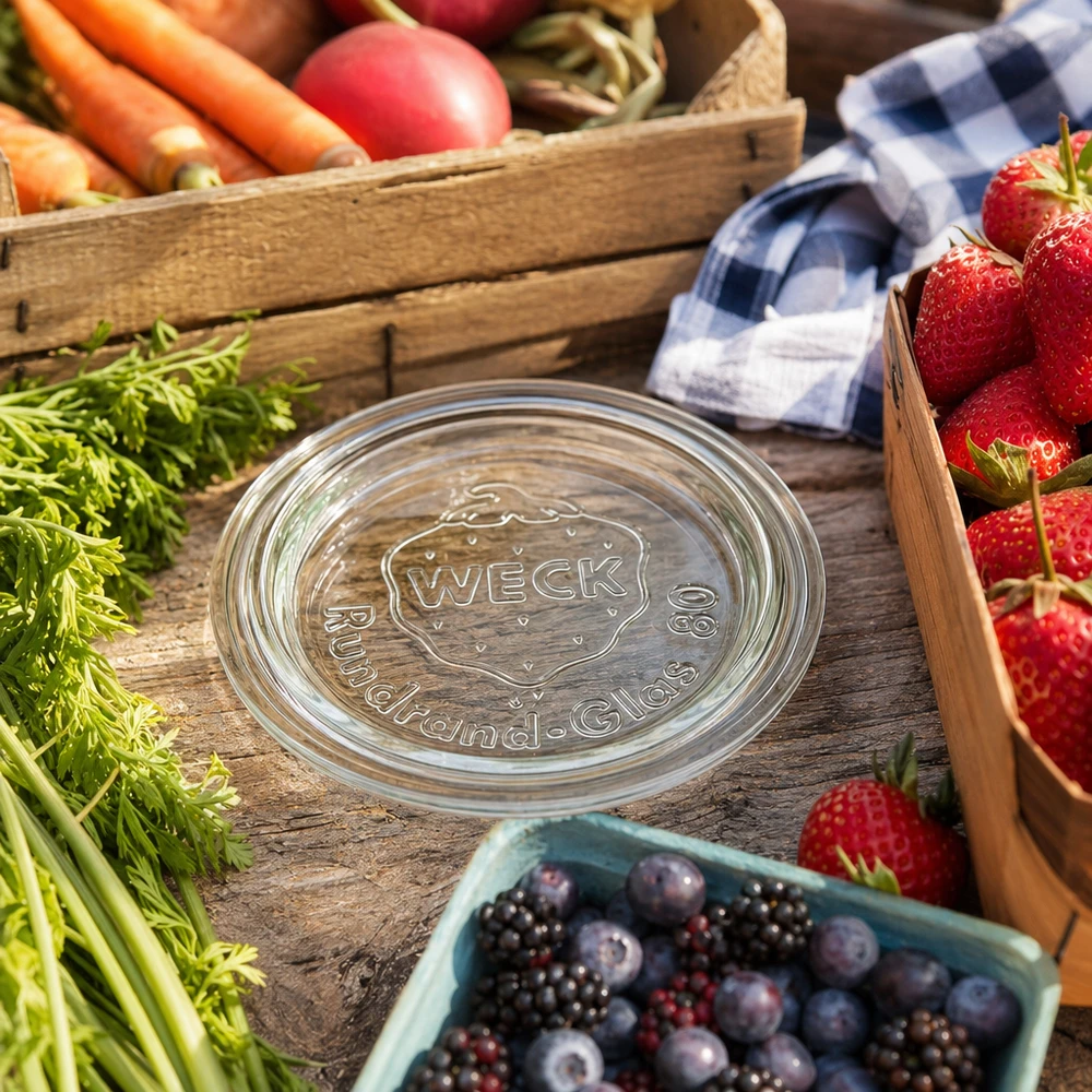 WECK Couvercle en verre RR80 avec logo en relief entre fraises fraîches carottes et baies sur bois rustique
