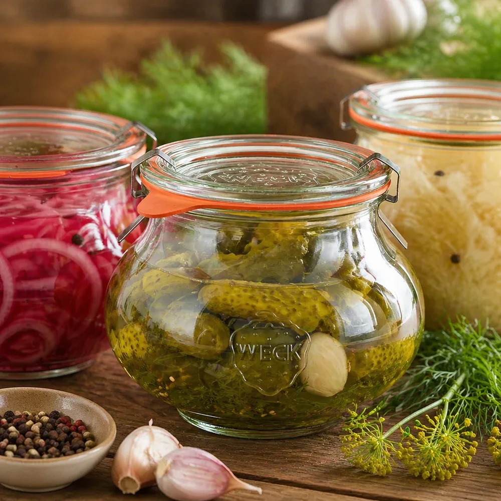 WECK Pot décoratif 560ml avec cornichons et légumes marinés, entourés d'épices et d'herbes pour la mise en conserve