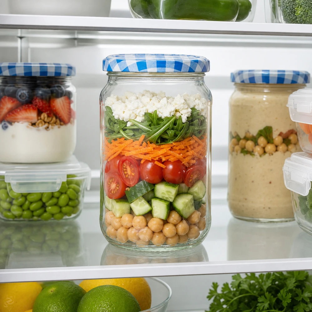 1062ml Verre rond avec couvercle BasicSeal bleu/blanc UNiTWIST Bocal rond de 1062ml rempli de salade à stratifier dans le réfrigérateur, solution pratique de Meal Prep avec couvercle BasicSeal