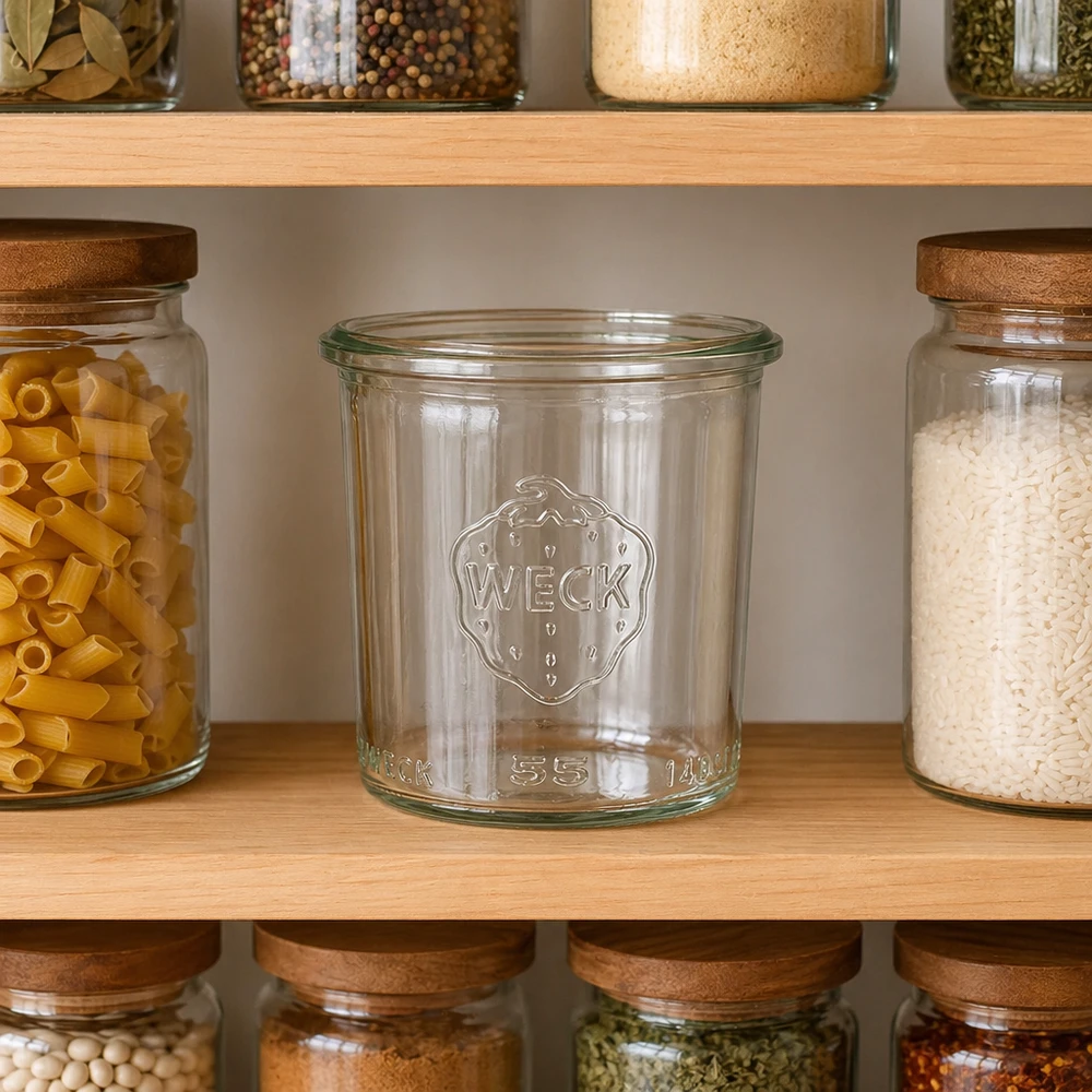 140ml bocal conique WECK RR60 WECK Verre renversé 140ml RR60 vide sur l'étagère de la cuisine entre les bocaux à provisions remplis de pâtes et de riz