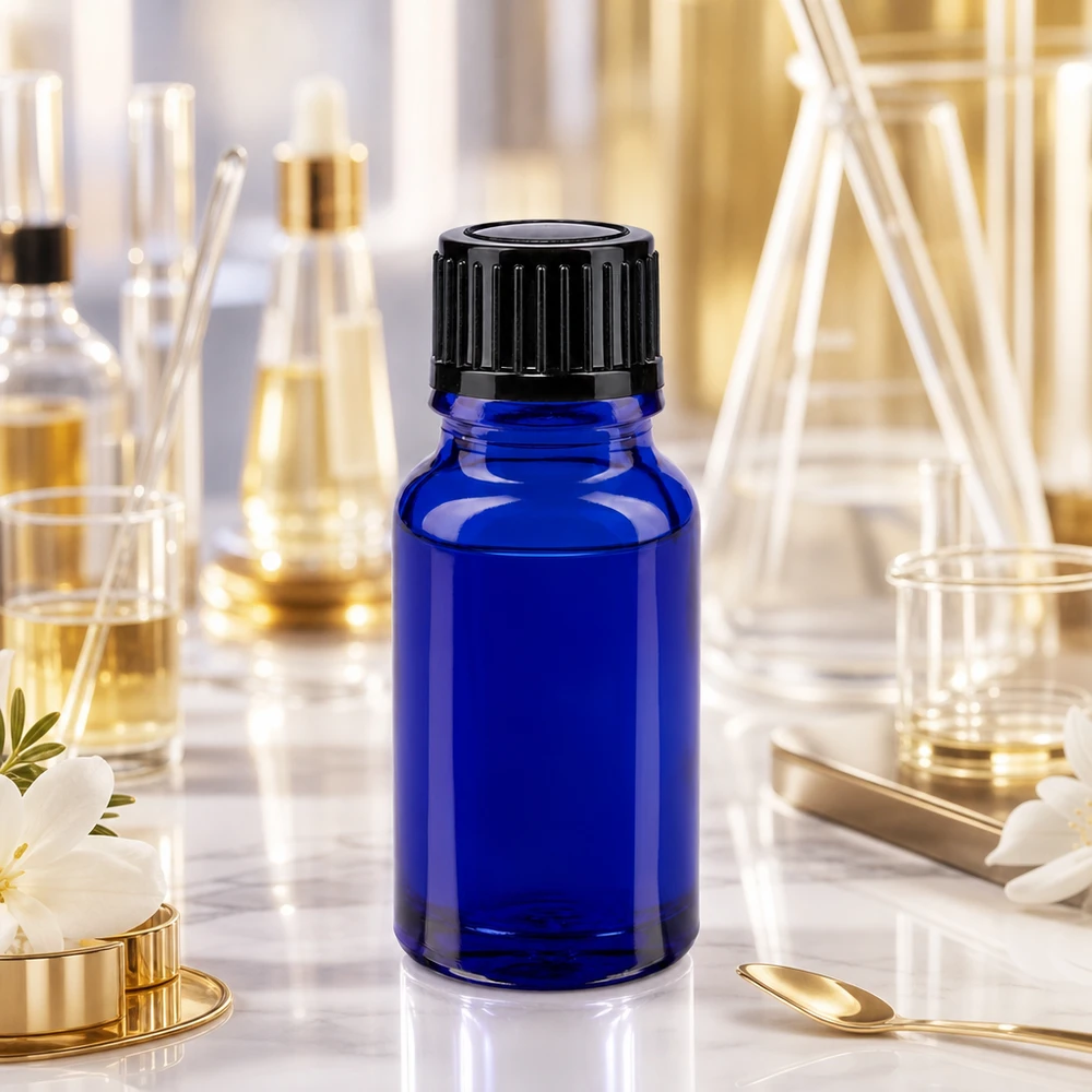 Flacon en verre pharmaceutique de 10 ml, bleu, muni d'un compte-gouttes de précision de 1 mm et d'un bouchon à l'épreuve des enfants