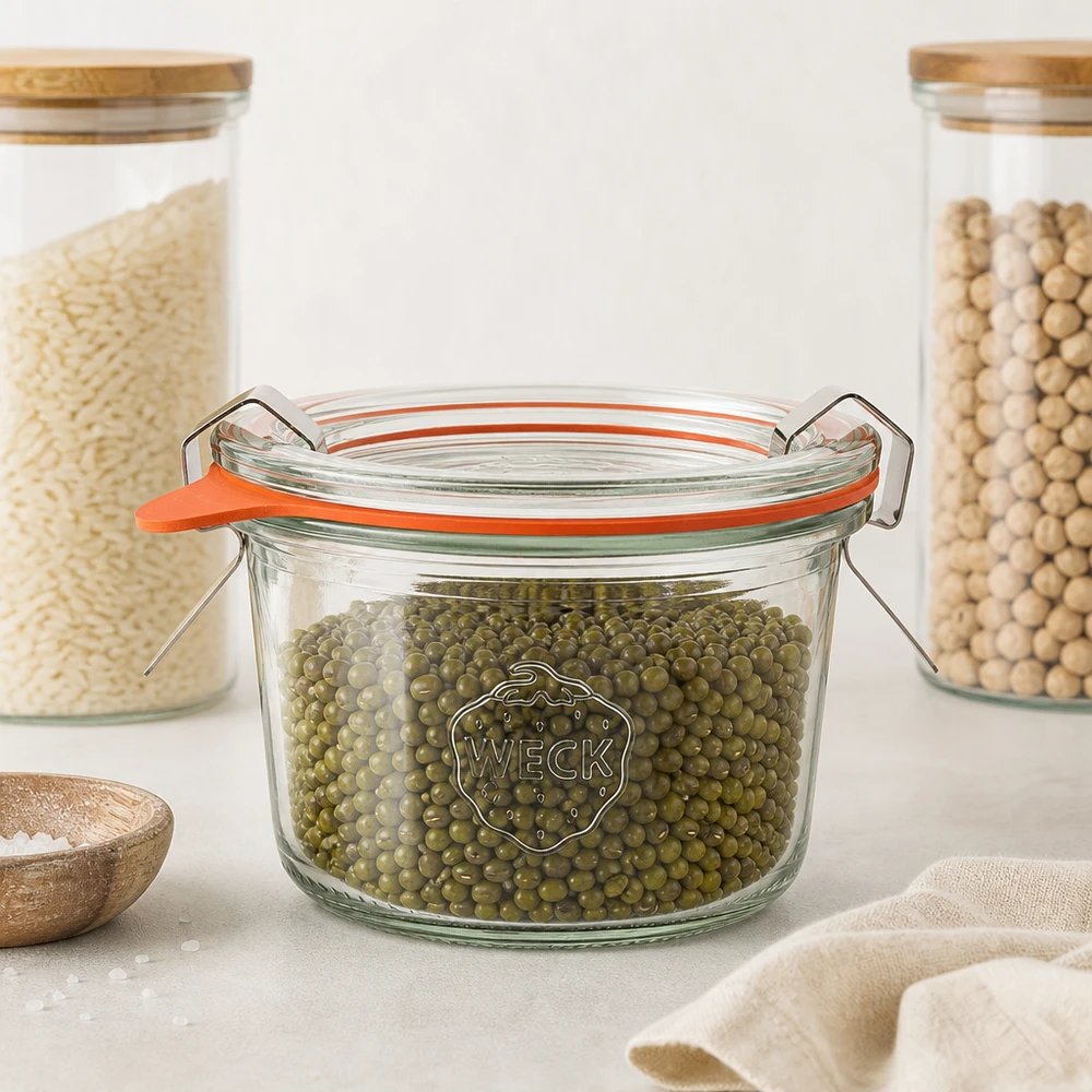 80ml bocal conique complet WECK RR60 WECK Pot renversé 80ml RR60 avec haricots mungo verts dans une cuisine de réserve moderne montre le stockage hermétique des légumineuses
