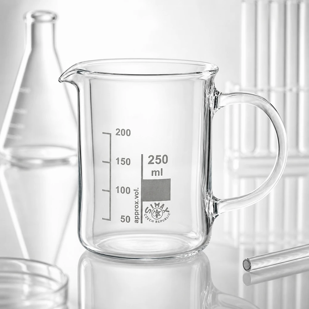 Bécher en verre borosilicaté de 250 ml, muni d'une anse et d'une graduation, de taille intermédiaire entre celle d'un flacon d'Erlenmeyer et celle d'un tube à essai