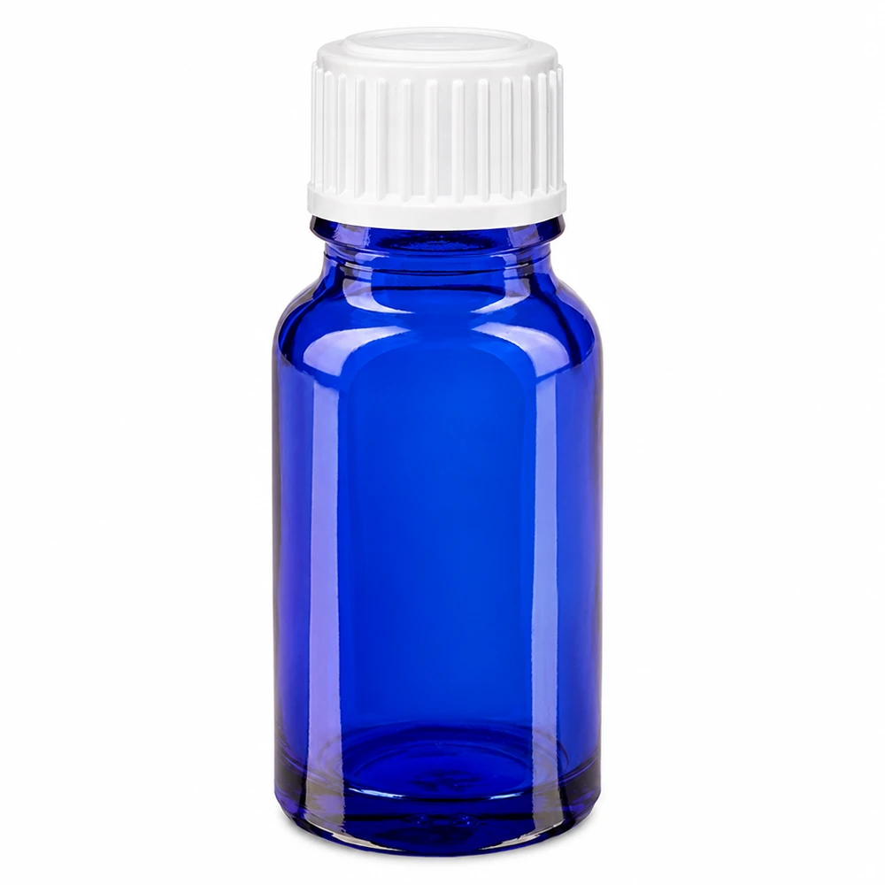 Flacon de pharmacie bleu 10ml bouchon vissable blanc globuli std Flacon en verre bleu de 10 ml avec bouchon à vis blanc, destiné aux pharmacies et au secteur pharmaceutique