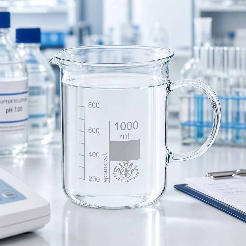Bécher cylindrique de laboratoire de 1 000 ml muni d'une poignée, posé sur un plan de travail blanc à côté d'une solution tampon