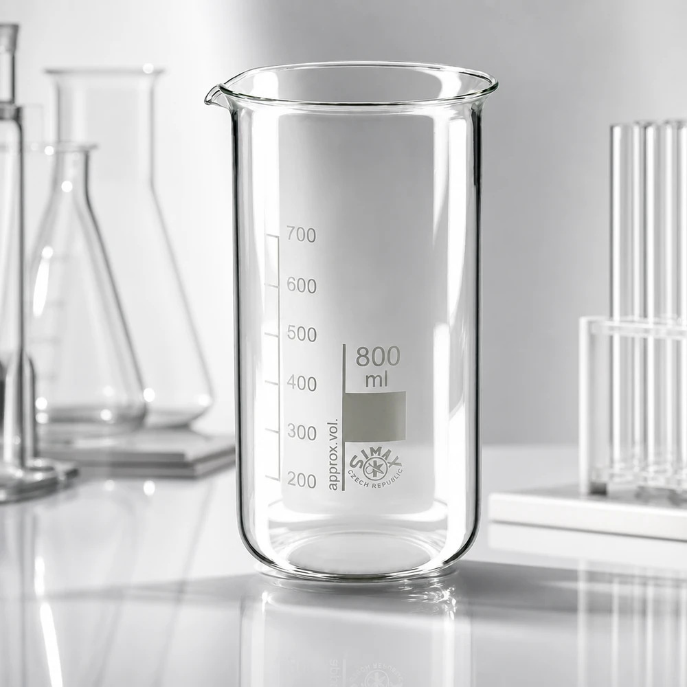 Bécher 800ml en verre borosilicate résistant à la chaleur (forme haute) Bécher de laboratoire transparent de 800 ml, modèle haut, en verre borosilicaté résistant à la chaleur, de la marque SIMAX