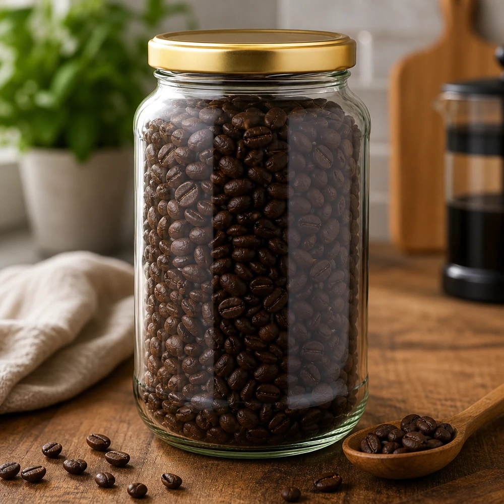 1700ml Verre rond avec couvercle BasicSeal or UNiTWIST Bocal rond de 1700 ml avec couvercle doré BasicSeal rempli de grains de café sur une planche en bois dans la cuisine montre la conservation des provisions
