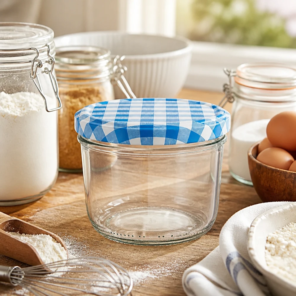 Verre renversé de 230 ml avec couvercle BasicSeal à carreaux bleus et blancs sur une table en bois entre les ingrédients de cuisson et les œufs