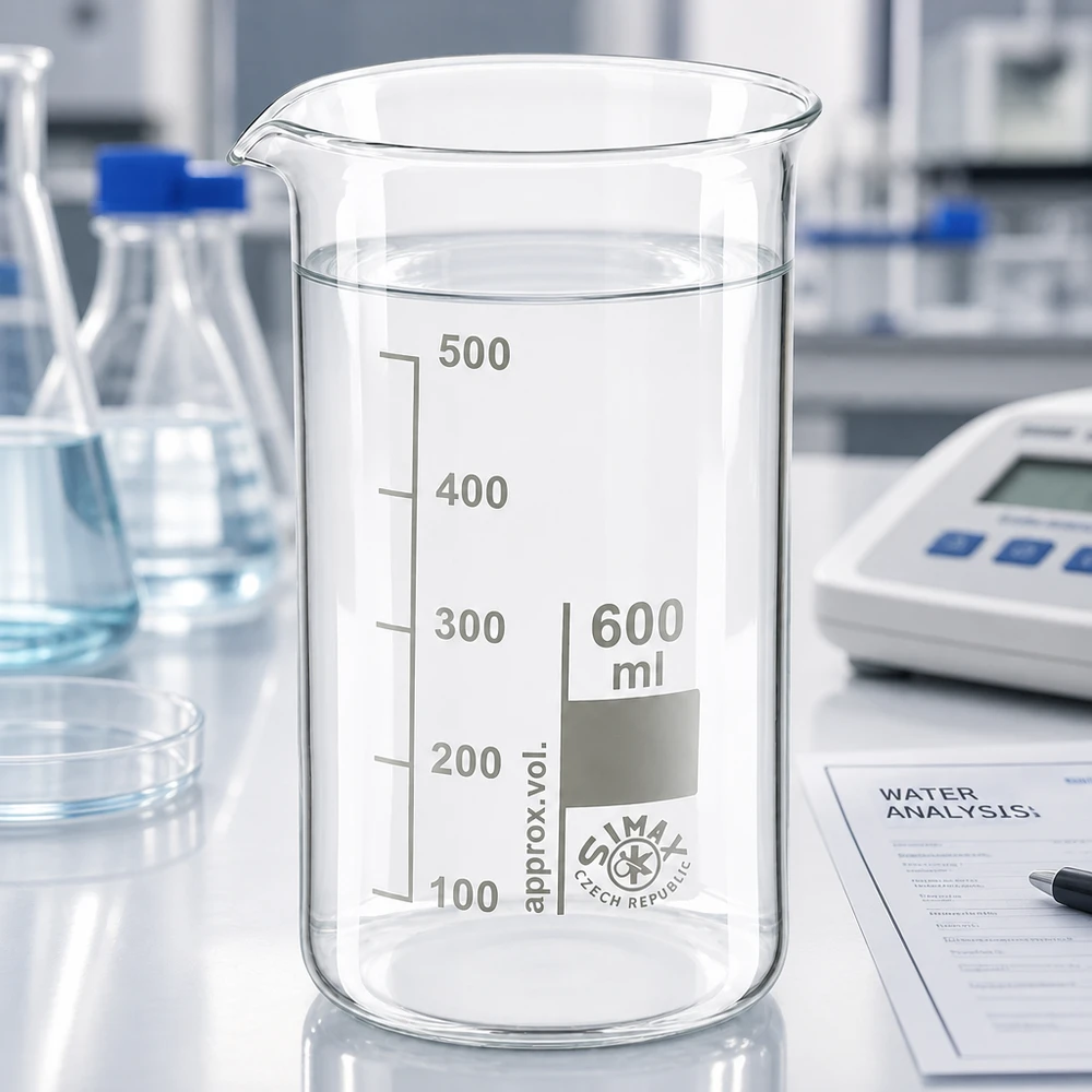 Bécher Simax de 600 ml, forme haute, en verre borosilicaté, contenant de l'eau claire sur une paillasse de laboratoire blanche