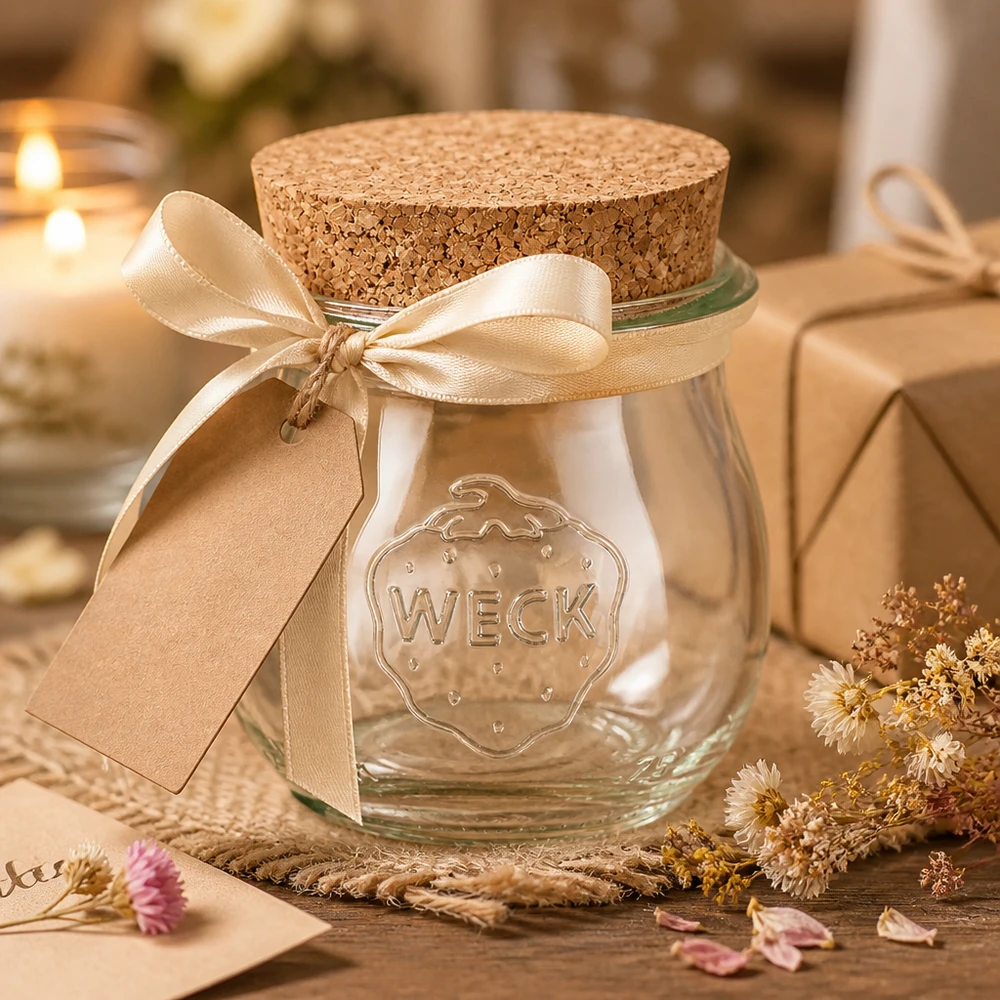 75ml bocal tulipe WECK RR40 avec bouchon nature WECK Pot tulipe 75ml décoré avec un ruban et une étiquette cadeau comme idée de cadeau avec bouchon en liège naturel