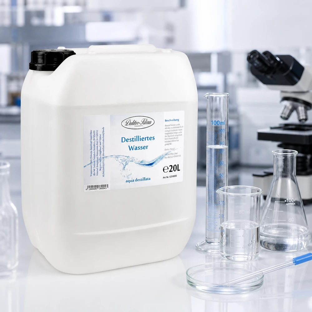 20L d'eau distillée Docteur-Klaus dans un environnement de laboratoire transparent avec des instruments en verre et un microscope
