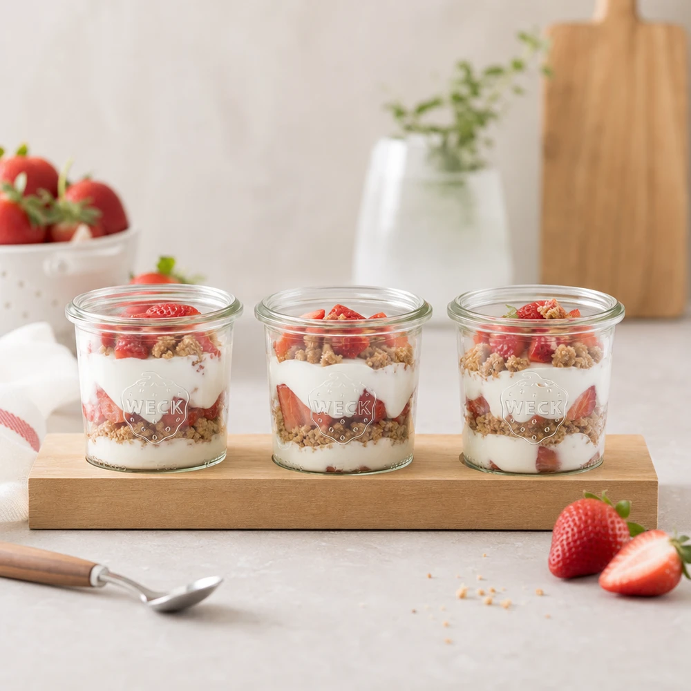 Plateau de service Plano3 avec 3 bocaux Weck de 140 ml WECK Verres 140ml avec dessert stratifié au yaourt et aux fraises sur planche à servir en bois Plano3 prêt pour le petit déjeuner