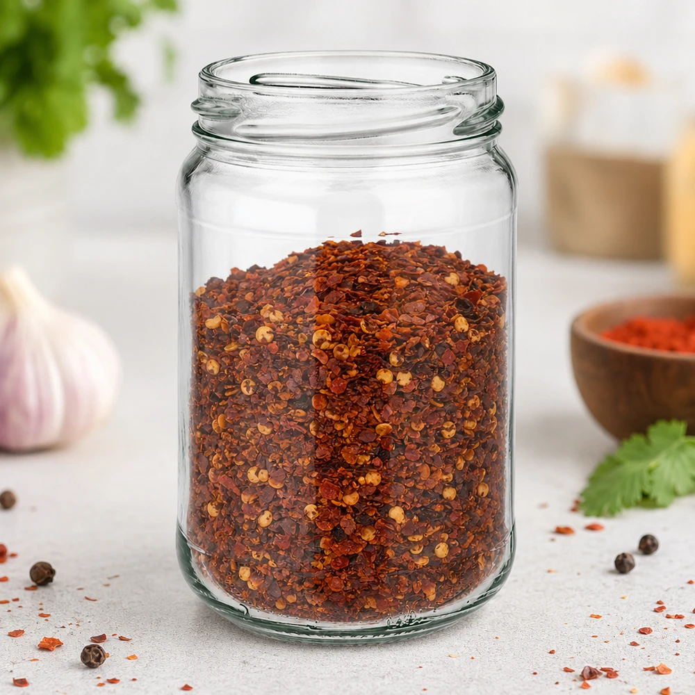 UNiTWIST Runda305 Verre rond 305ml TO63 rempli de flocons de piment sur plan de travail de cuisine avec épices