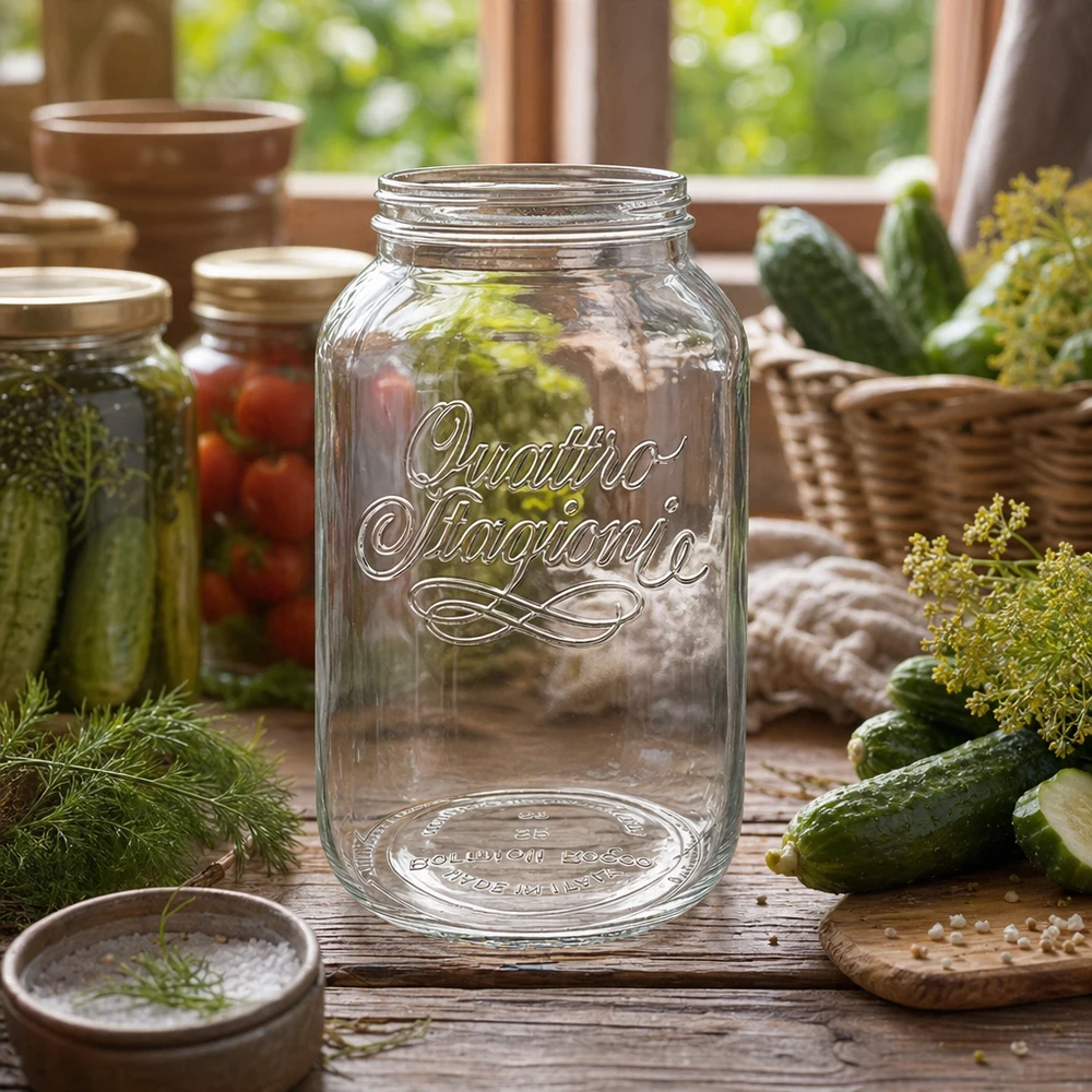 3800ml Verre rond "Quattro Stagioni" QS110mm 3800ml Quattro Stagioni Bocal vide sur table en bois avec cornichons et aneth pour la mise en bocaux et la conservation