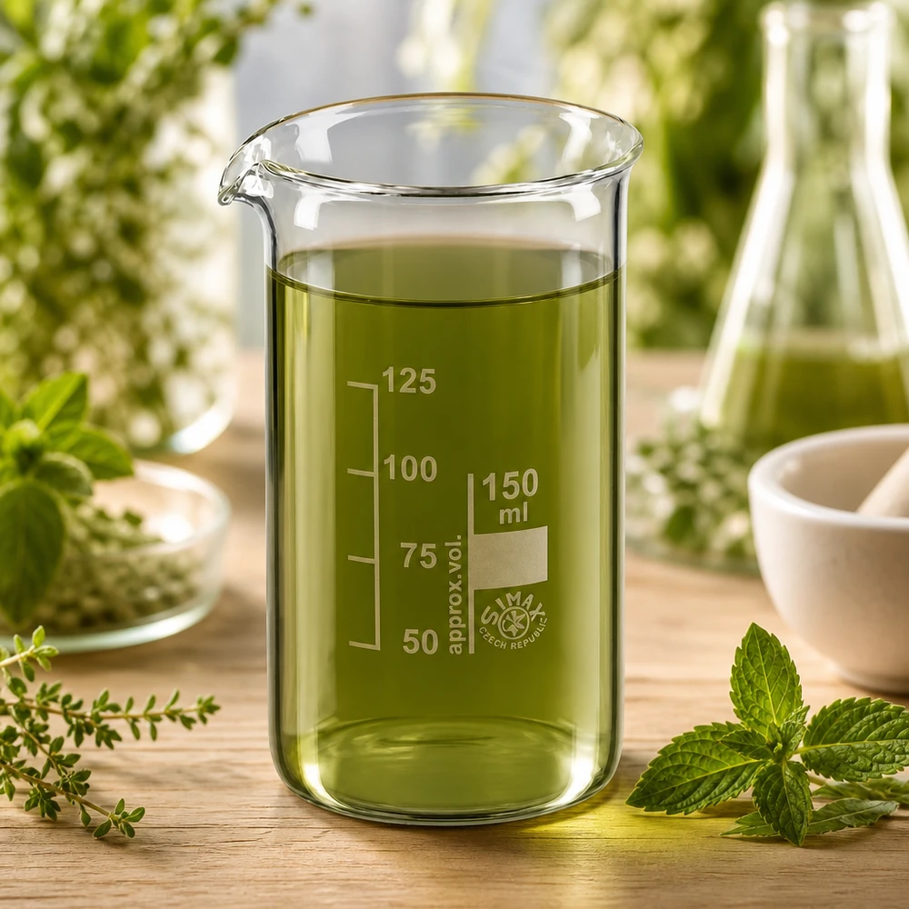 Verre à bec de 150 ml, de forme haute, contenant un liquide vert à base de plantes, entouré d'herbes médicinales fraîches