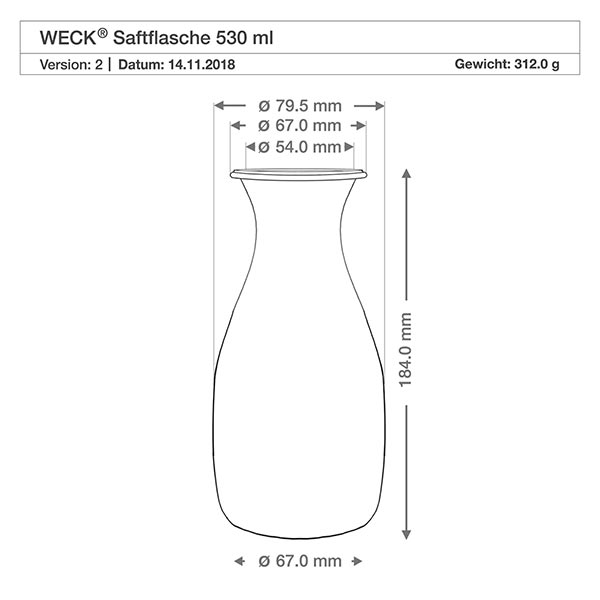 Dessin technique de la bouteille de jus de fruits WECK 530ml avec les dimensions Diamètre 67mm Hauteur 184mm Poids 312g