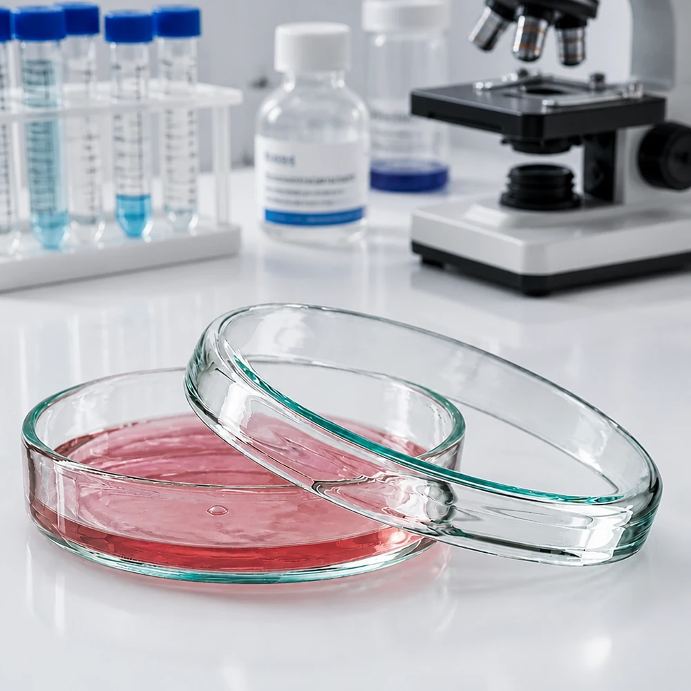 Boîte de Petri en verre 70x15 mm Boîte de Pétri en verre de 70 x 15 mm contenant un milieu de culture rouge et dont le couvercle a été retiré, dans un laboratoire de microbiologie