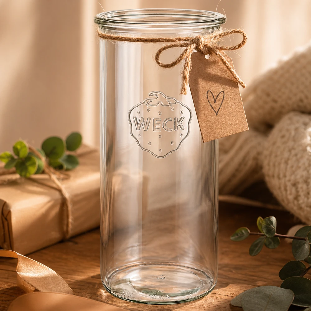 WECK Verre renversé 1500ml RR100 avec pendentif en forme de cœur et ruban sur table en bois décorée de plantes vertes