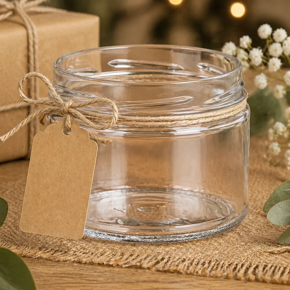 540ml Verre rond sans couvercle (TO100) UNiTWIST UNiTWIST Runda540 Verre renversé 540ml TO100 avec ruban en raphia et étiquette cadeau décorée sur fond rustique en jute