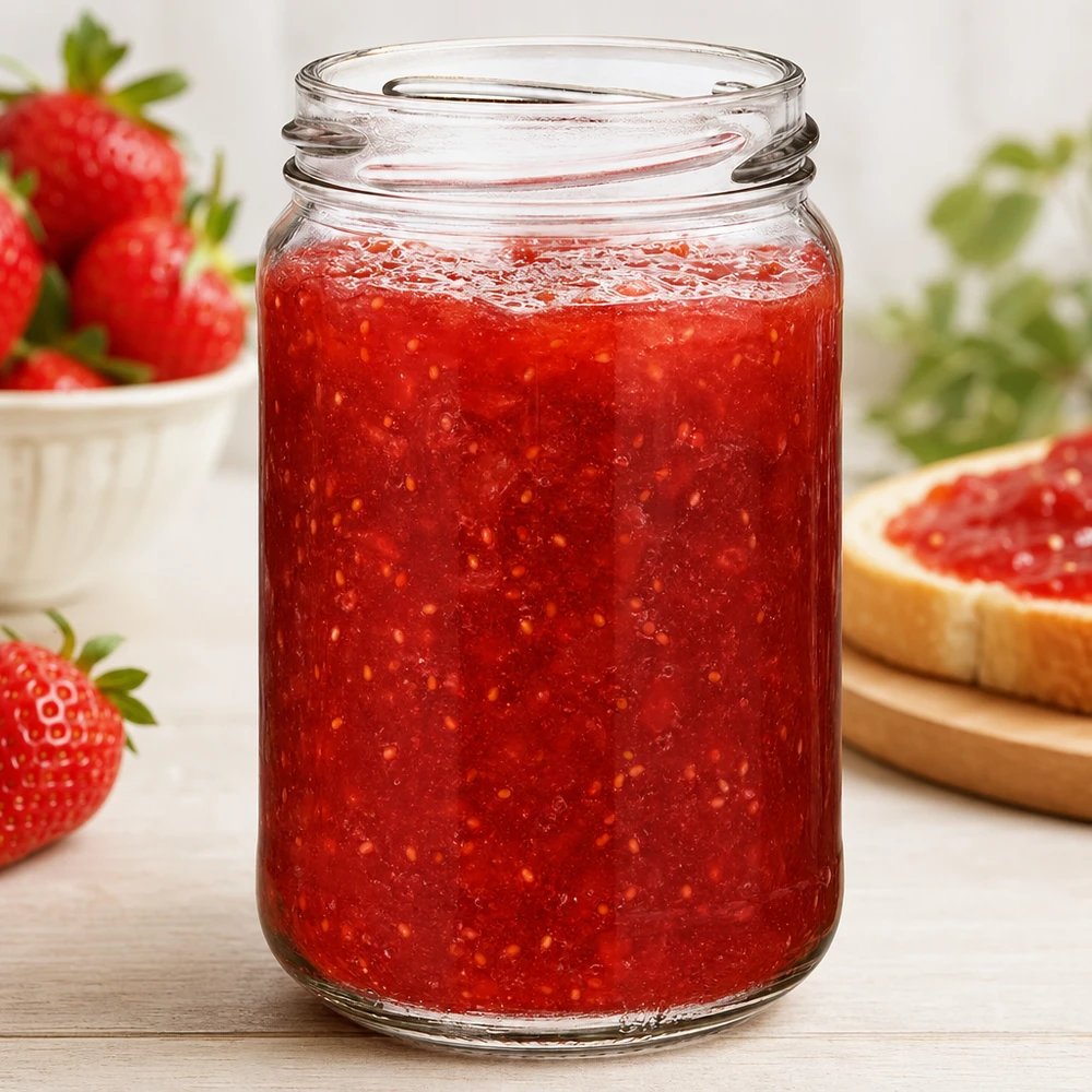 UNiTWIST Runda305 Pot rond 305ml TO63 rempli de confiture de fraise rouge, pot de conservation pour confiture et pâte à tartiner