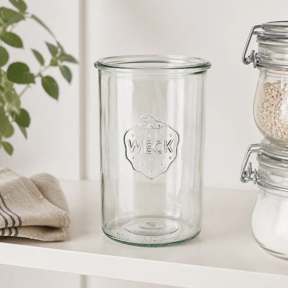 WECK Pot renversé 1000ml RR100 en verre transparent avec logo WECK pour la mise en conserve et le stockage dans la cuisine