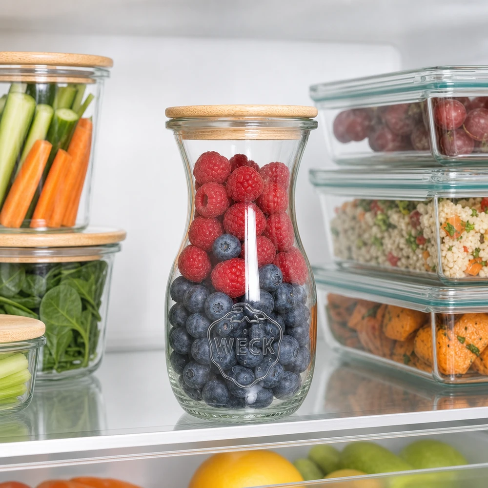 WECK Bouteille de jus 290ml avec couvercle en bois dans le réfrigérateur entre les récipients Meal-Prep avec baies et légumes