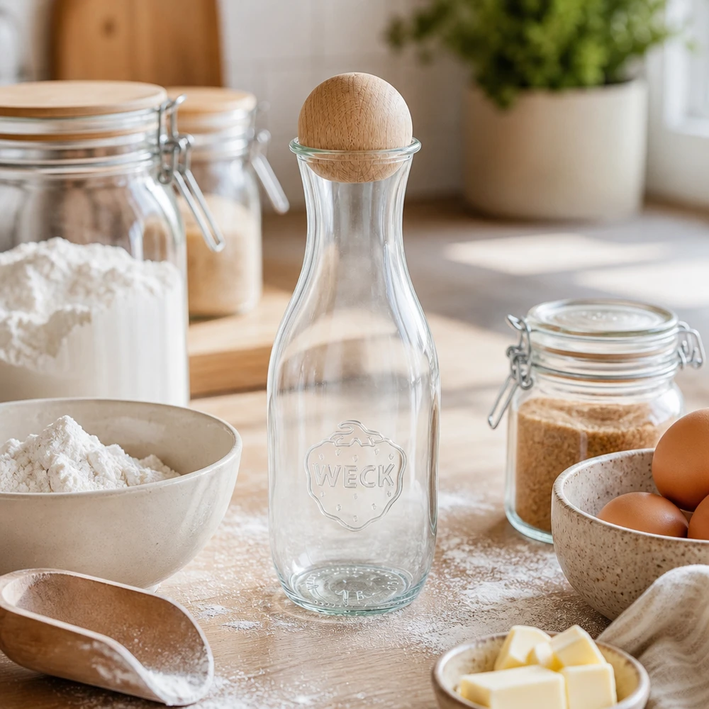 WECK Bouteille de jus 1062ml RR60 avec boule en bois dans la cuisine de boulangerie entre la farine les œufs le beurre et les bocaux sur une planche en bois