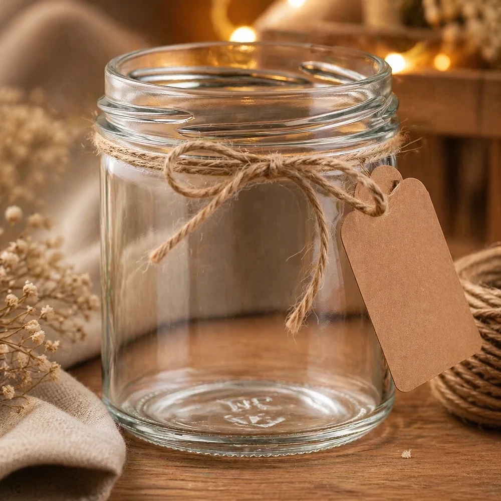 167ml Verre conique sans couvercle (TO66) UNiTWIST Verre renversé vide UNiTWIST 167ml TO66 avec corde de jute et pendentif sur table en bois décorée de manière rustique
