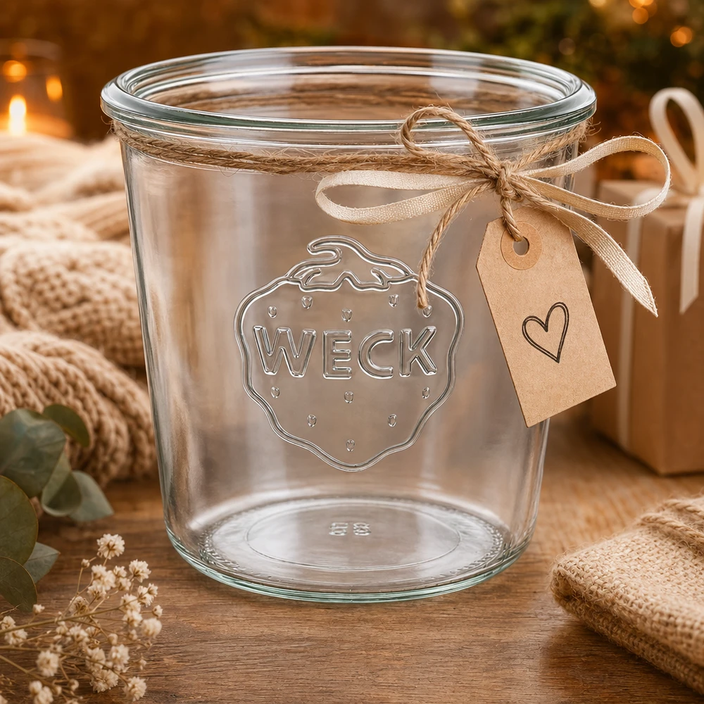 580ml bocal conique WECK RR100 WECK Verre renversé 580ml RR100 en verre avec gaufrage en relief et ruban cadeau décoratif sur table en bois